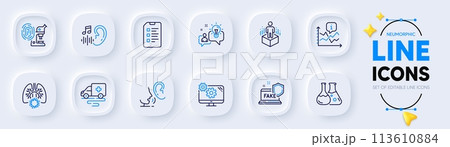 Coronavirus lungs, Chemistry lab and Fingerprint research line icons for web app. Pack of Whisper, Ambulance transport, Checklist pictogram icons. Fake internet, Hearing, Idea signs. Vector 113610884