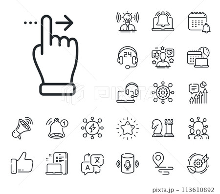 Slide right arrow sign. Place location, technology and smart speaker outline icons. Touchscreen gesture line icon. Swipe action symbol. Touchscreen gesture line sign. Vector 113610892