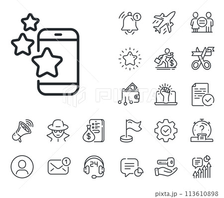 Phone ratings sign. Salaryman, gender equality and alert bell outline icons. Best app line icon. Ranking symbol. Best app line sign. Spy or profile placeholder icon. Online support, strike. Vector 113610898