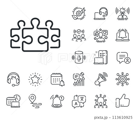 Jigsaw game challenge sign. Place location, technology and smart speaker outline icons. Puzzle pieces line icon. Business solution symbol. Puzzle line sign. Influencer, brand ambassador icon. Vector Jigsaw game challenge sign. Place location, technology and smart speaker outline icons. Puzzle pieces line icon. Business solution symbol. Puzzle line sign. Influencer, brand ambassador icon. Vector 113610925
