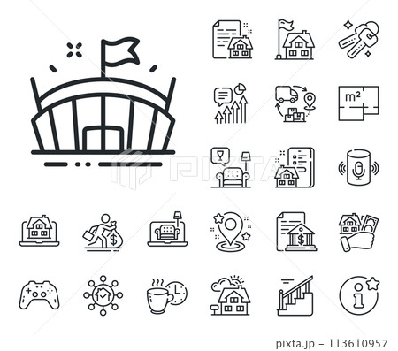 Arena with flag sign. Floor plan, stairs and lounge room outline icons. Sports stadium line icon. Sport complex symbol. Arena line sign. House mortgage, sell building icon. Real estate. Vector 113610957