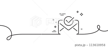 Approved mail line icon. Continuous one line with curl. Accepted or confirmed sign. Document symbol. Approved mail single outline ribbon. Loop curve pattern. Vector 113610958