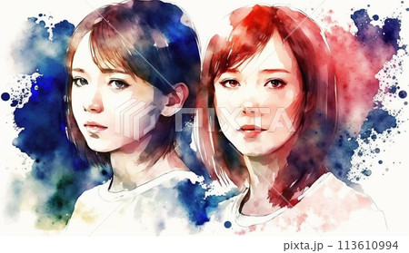 仲の良い女友達：水彩画
