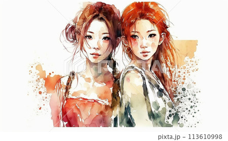 仲の良い女友達：水彩画