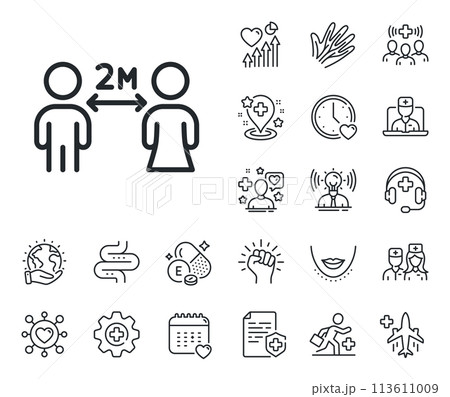 2 meters distance between sign. Online doctor, patient and medicine outline icons. Social distancing line icon. Coronavirus pandemic symbol. Social distancing line sign. Vector 2 meters distance between sign. Online doctor, patient and medicine outline icons. Social distancing line icon. Coronavirus pandemic symbol. Social distancing line sign. Vector 113611009