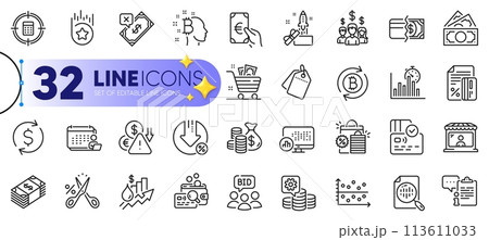 Outline set of Report timer, Auction and Inspect line icons for web with Card, Rejected payment, Dollar exchange thin icon. Salary employees, Refresh bitcoin, Accounting pictogram icon. Vector 113611033