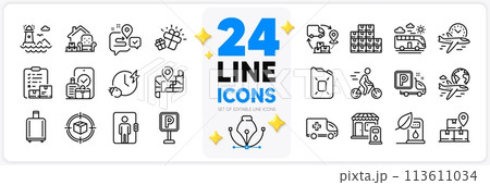 Icons set of Parcel tracking, Truck parking and Charging time line icons pack for app with Parking, Elevator, Delivery service thin outline icon. Carry-on baggage, Cyclist. Vector 113611034
