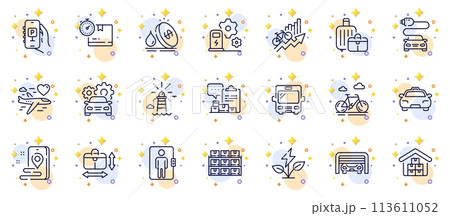 Outline set of Car service, Elevator and Cardboard box line icons for web app. Include Bike, Lighthouse, Eco power pictogram icons. Taxi, Boxes shelf, Baggage signs. Inventory report. Vector 113611052