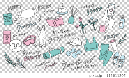 Wellness lifestyle, yoga, muscle training, sleep, relaxation items and other miscellaneous goods and Japanese vector illustrations Wellness lifestyle, yoga, muscle training, sleep, relaxation items and other miscellaneous goods and Japanese vector illustrations 113611205