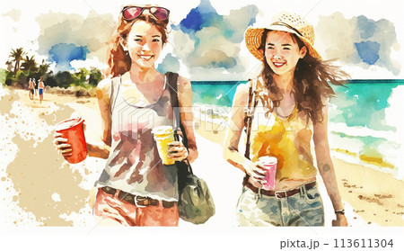 南国の島でリゾート気分の若い女友達たち