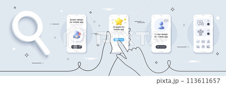 Video conference, Employee result and Court jury line icons pack. Phone screen mockup with 3d star, alert and chat message. Comment, Teacher, Checkbox web icon. Vector 113611657