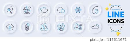 Water glass, Spinach and Snowflake line icons for web app. Pack of Water analysis, Windmill, Peas pictogram icons. Potato, Fire energy, Cloudy weather signs. Thunderstorm weather, Peanut, Tree. Vector 113611671