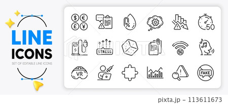 Deflation, Cogwheel and Infochart line icons set for app include Money currency, Document attachment, Timer outline thin icon. Stress grows, No alcohol, Vr pictogram icon. Puzzle. Vector Deflation, Cogwheel and Infochart line icons set for app include Money currency, Document attachment, Timer outline thin icon. Stress grows, No alcohol, Vr pictogram icon. Puzzle. Vector 113611673