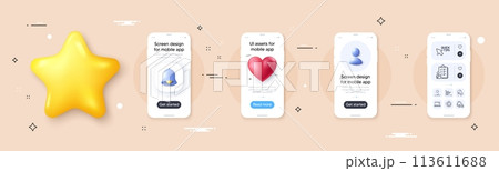 Sun protection, Checklist and Horizontal chart line icons pack. Phone screen mockup with 3d bell, star and placeholder. Quick tips, Laptop, Sick man web icon. Vector 113611688