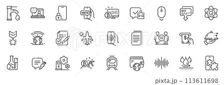 Icons pack as Chemistry lab, Train and Atm service line icons for app include Winner medal, Ecology app, Puzzle outline thin icon web set. Voting ballot, Bitcoin mining, Sound wave pictogram. Vector 113611698