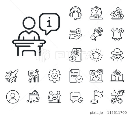 Stage information sign. Salaryman, gender equality and alert bell outline icons. Podium line icon. Business meeting tribune symbol. Podium line sign. Spy or profile placeholder icon. Vector 113611700