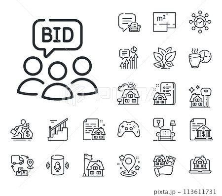 Bid offer sign. Floor plan, stairs and lounge room outline icons. Auction line icon. Raise the price up symbol. Auction line sign. House mortgage, sell building icon. Real estate. Vector Bid offer sign. Floor plan, stairs and lounge room outline icons. Auction line icon. Raise the price up symbol. Auction line sign. House mortgage, sell building icon. Real estate. Vector 113611731