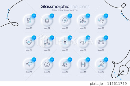 Set of Coronavirus vaccine, Organic product and Gluten free line icons for web app. Vaccine announcement, Electronic thermometer, Bike timer icons. Cyclist, Baby carriage, Clean skin signs. Vector 113611759