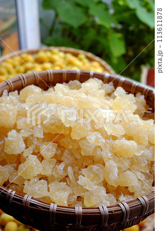 Raw material for making delicious beverage from apricot or Japanese plum with sugar, seasonal fruit that good for health, nutrition, rich vitamin 113611878