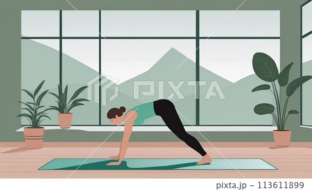 Woman, yoga practice near sofa, leggings and top attire. Bright room, large window, floor-standing flower. 113611899