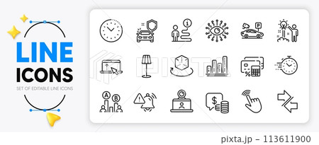 Parking security, Coins and Timer line icons set for app include Augmented reality, Support, Graph chart outline thin icon. Ab testing, Cursor, Artificial intelligence pictogram icon. Vector 113611900