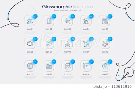Set of Car charging, Diesel and Square meter line icons for web app. Radiator, Open door, Parcel tracking icons. Construction document, Rise price, Eco power signs. Realtor, Paint roller. Vector 113611910