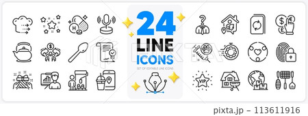 Icons set of Seo timer, Work home and Vip star line icons pack for app with Painter, Food app, Gift thin outline icon. Sharing economy, Presentation board, Approved agreement pictogram. Vector 113611916