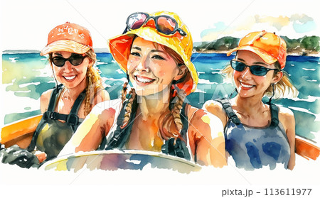 南国の島でモーターボートで疾走する若い女友達たち
