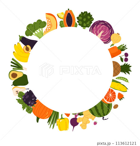 Hand drawn fruits and vegetables round frame on white background 113612121