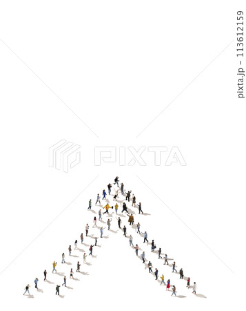 Aerial view of people walking forwards and forming arrow symbol. Unity in movement towards a common goal. Collaboration ad coordination 113612159