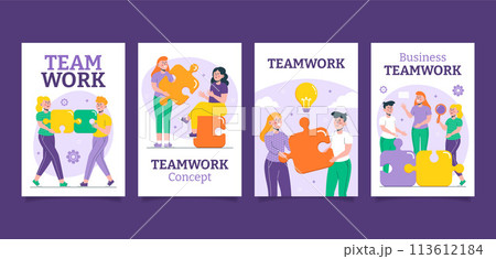 Hand drawn business teamwork cards collection with characters collaborating together 113612184