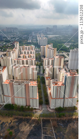 Aerial view from drone, group of Highrise apartment building, real estate for family living, many block with flats from property developing at Ho chi Minh, Asia city, Vietnam 113612208