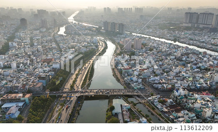 Ho chi Minh city aerial view with canal system, overcrowded rive Ho chi Minh city aerial view with canal system, overcrowded rive 113612209