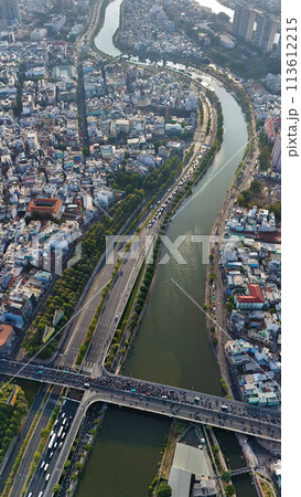 Ho chi Minh city aerial view with canal system, overcrowded rive Ho chi Minh city aerial view with canal system, overcrowded rive 113612215