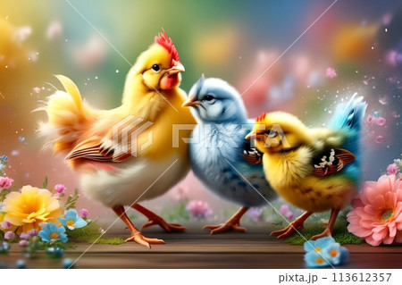 colored chickens with flowers, Easter card, in light pastel colors 113612357