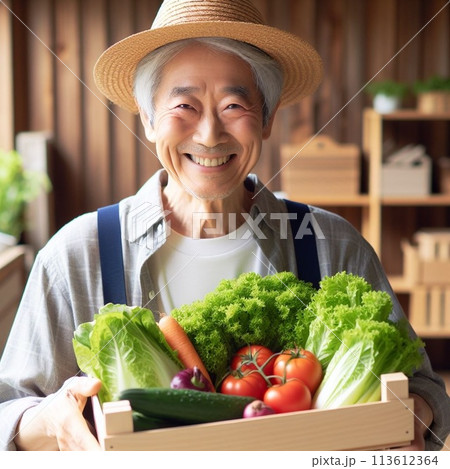 宅配野菜ボックスを持つ農家の男性 113612364