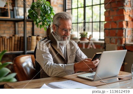 パソコンを使うシニア男性 パソコンを使うシニア男性 113612459