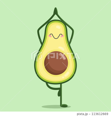 Cute cartoon character Avocado doing yoga. Healthy eating and fitness concept. Avocado in yoga pose. Vector illustration 113612669