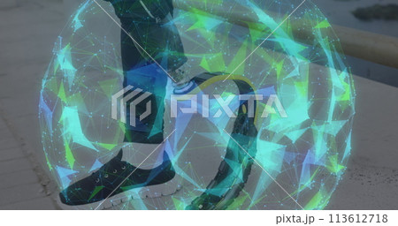 Image of glowing spherical network rotating over male athlete with running blade resting 113612718