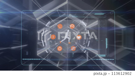 Image of icons and scanner processing data over digital athlete running 113612902