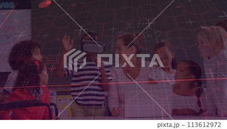 Hexagonal shapes and light trails against african american boy wearing vr headset at school Hexagonal shapes and light trails against african american boy wearing vr headset at school 113612972