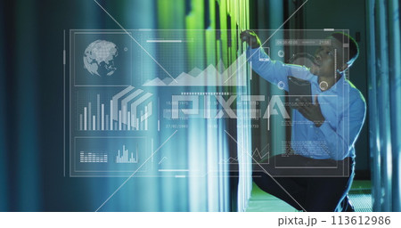 Image of data processing over african american male it engineer and computer servers Image of data processing over african american male it engineer and computer servers 113612986