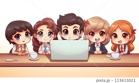 Team meeting via internet conference depicted in animated cartoon 113613021