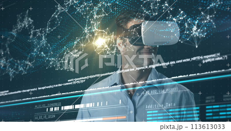 Digital interface with data processing against man wearing vr headset touching futuristic screen 113613033