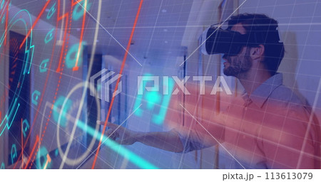 Neon scope scanner over grid network against man gesturing while wearing vr headset Neon scope scanner over grid network against man gesturing while wearing vr headset 113613079