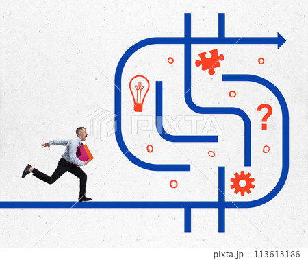 Contemporary art collage. Young man runs into labyrinth with different tasks that he must overcome in order to get on smooth road of success Contemporary art collage. Young man runs into labyrinth with different tasks that he must overcome in order to get on smooth road of success 113613186