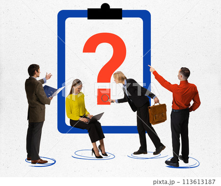 Contemporary art collage. Young people working in team and trying to solve problems in work, symbolizing question mark on folder. 113613187