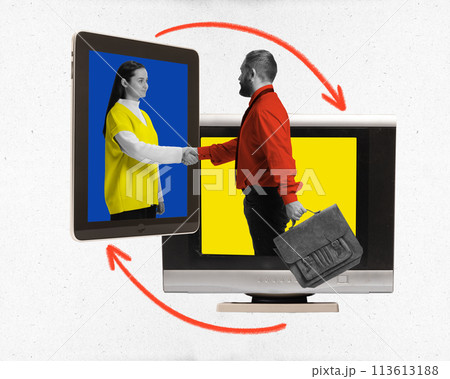 Contemporary art collage. Young businessman stands in computer monitor shaking hands with woman stands in tablet. 113613188