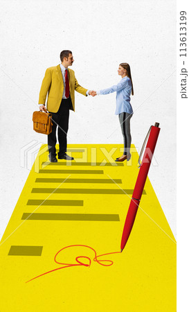 Contemporary art collage. Young man and woman stand on vibrant yellow document with signature and seal deal with handshake. Contemporary art collage. Young man and woman stand on vibrant yellow document with signature and seal deal with handshake. 113613199