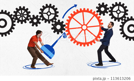 Contemporary art collage. Two motivated men trying to adjust operation of mechanism consisting of gears. Startup. Contemporary art collage. Two motivated men trying to adjust operation of mechanism consisting of gears. Startup. 113613206